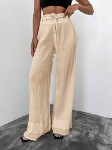 EURMUSE Paperbag Waist Wide Leg Pants - Apricot - View 1