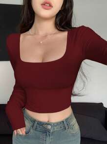 DAZY Damen Frühling/Sommer einfarbiges Crop Slim Langarm T-Shirt mit quadratischem Ausschnitt für Ausgehen, Herbstkleidung, Schulkleidung