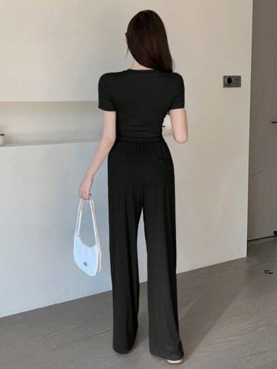 DAZY 女士时尚简约日常短袖上衣和长裤两件套夏季家居服套装，女士短款套装