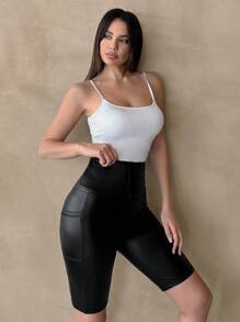 SHEIN Essnce Pu Leather Shorts High Waisted Shorts Women Shorts 2- Pockets  Black High-Waisted Stretchy Leggings, Summer