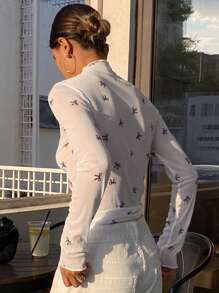 Livesso 女士时尚甜美蝴蝶结设计长袖透明上衣，秋季女装 - 白色 - 查看 5