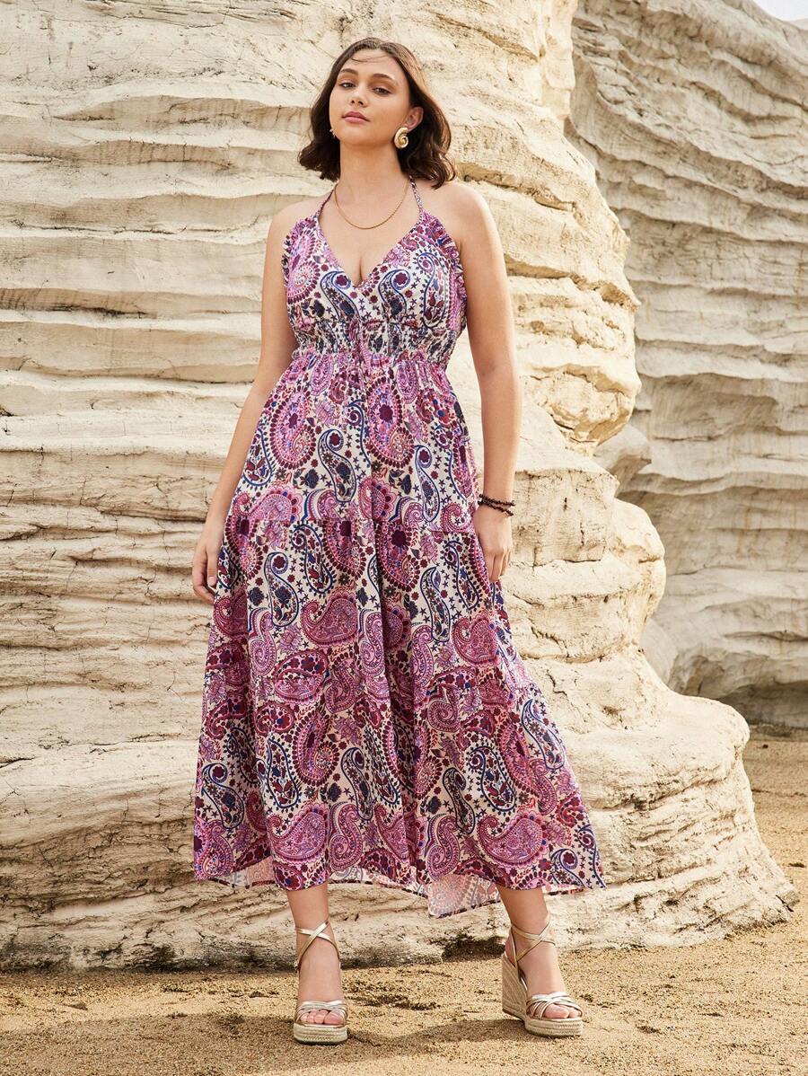 Forever 21 Plus Size Summer Ladies' Fashionable Paisley & Flower Patterned Halterneck Dress For Summer Music Festival - Pink - View 1