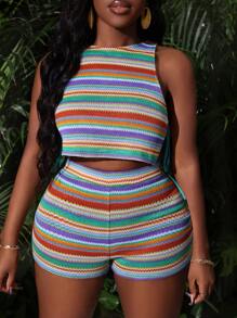 Slaydiva 休闲沙滩/波西米亚风/波西米亚女装/节日女装/锐舞派对/复活节女装/老钱风女装/乡村音乐会装/外出装/仙女风/节日装/机场女装/西部风女装/热带度假女装/街头女装/辣妹风/印花吊带背心配修身短裤/女式短裤/高腰短裤/女式两件套 - H - 彩色 - 查看 5