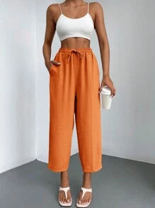 EURMUSE Solid Drawstring Waist Carrot Trousers - Orange - View 1