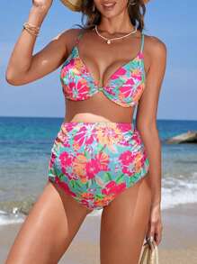 SHEIN 孕婦夏季海灘花印後綁式比基尼套裝，度假必備 - 彩色 - 查看 5