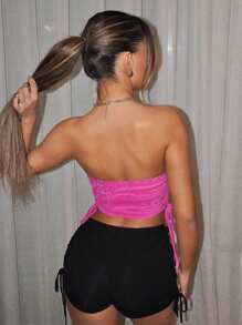 SHEIN ICON 女性Y2K夏季裝搭配，無肩帶可調式紅色短上衣，純色款式 - 玫紅色 - 查看 3