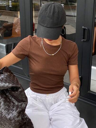 Livesso 女性純色肋編修身短款上衣t恤