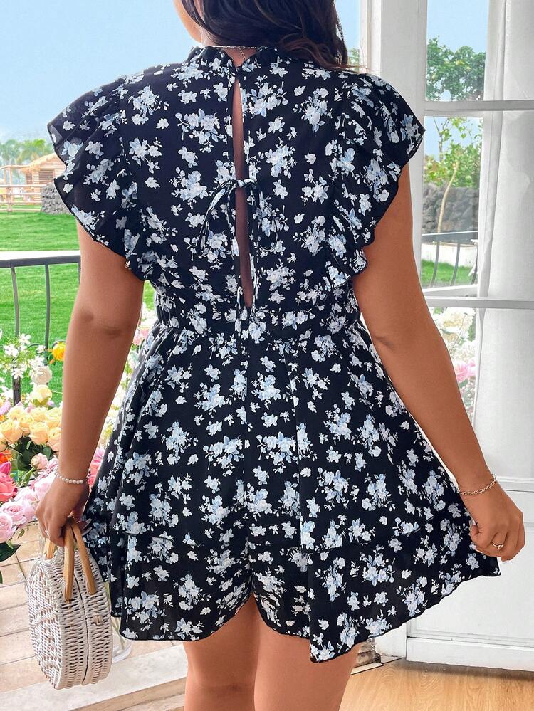 Plus Size Round Neck Lace Patchwork Floral Print Cap Sleeve Jumpsuit With Double-Layer Skirt For Summer