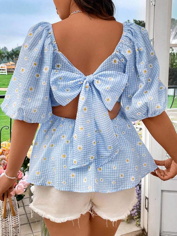 Sunnyshic Plaid Chrysanthemum Square Neck Tie-Back Shirt