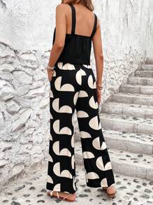 Breezaya Damen einfarbige Camisole Top und geometrisch bedruckte weite Beinkleider lose lässige Urlaub zwei Stück Set