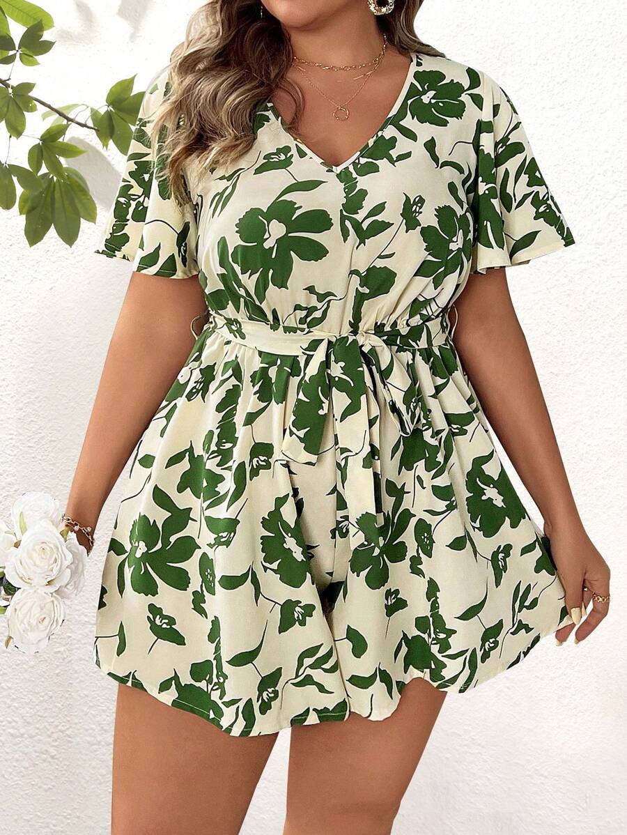 SHEIN Clasi 大碼V領印花休閒連身褲 - 彩色 - 查看 1