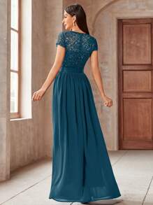 MIUSOL Elegant Women's Sequin Floral Lace Contrast Chiffon Maxi Dress With Pleated Hem,  Perfect For Easter, Mother Day, Evening Party, Wedding Guest, Anniversary Balls - Màu xanh bụi bặm - Xem 2