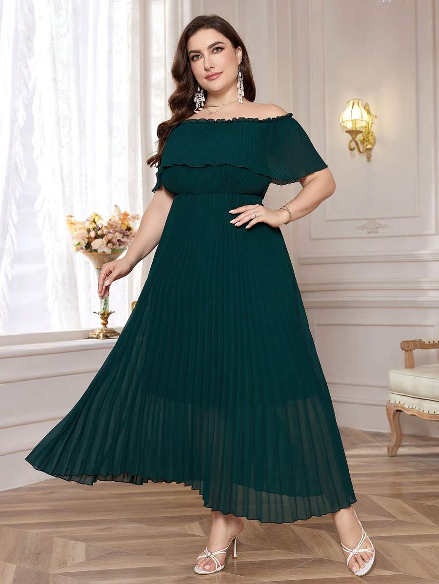 Modelyn Plus Size Elegant Solid Color Off-Shoulder Long Dress With Waist Belt For Summer - Dark Green - View 1