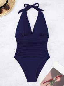 Swim Chiccia Solid Color One-Piece Swimsuit With Ruched Detailing And Halter Neckline, Ideal For Vacation & Beach,Summer Beach - Navy Blue - View 5
