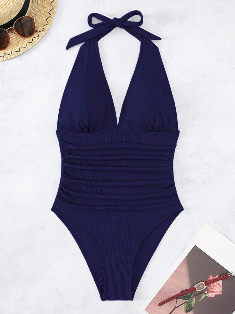 Swim Chiccia Solid Color One-Piece Swimsuit With Ruched Detailing And Halter Neckline, Ideal For Vacation & Beach,Summer Beach - Navy Blue - View 5
