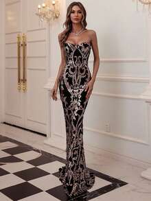 Elegant Strapless Full Sequin Dress, Formal Dress