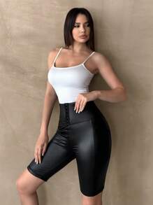 SHEIN Essnce Pu Leather Shorts High Waisted Shorts Women Shorts 2- Pockets  Black High-Waisted Stretchy Leggings, Summer