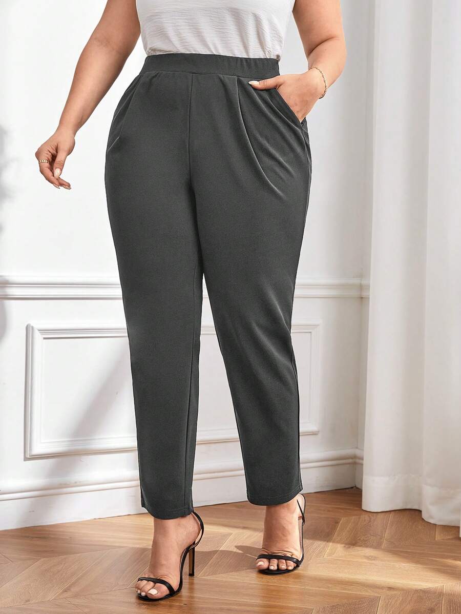 SHEIN Essnce Quần cạp co giãn cỡ lớn dành cho nữ có túi, kiểu dáng đơn giản - Màu xám đen - Xem 1
