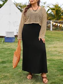 SHEIN Essnce Plus Size Women's Summer Leisure Vacation Country Concert Outfit Beach Sunscreen Two-Piece Set,Summer Two Piece Outfits,Summer Clothes,Summer Co Ord,Summer Women Clothes,Beach Women Dresses - Brown - View 4