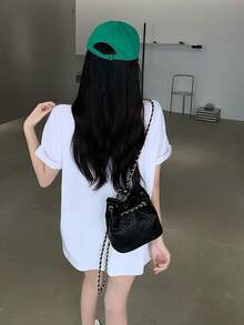 Loose Fit Longline Korean Style  T-Shirt - White - View 2