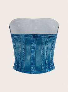 SHEIN Privé Women's Strapless Denim Effect Slim Elegant Commuter Top