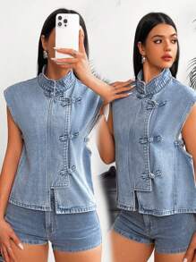 SHEIN EZwear Women's Stylish Sleeveless Denim Jacket - Blue - View 2
