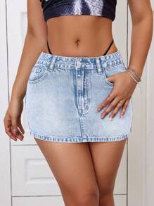 SHEIN ICON 性感低腰洗水牛仔短裙