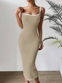 Chiquease Women's Summer Color Block Slim Fit Knitted Cami Sweater Dress With Elegance - Khaki - View 7