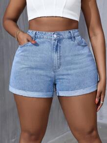 SHEIN SXY Plus Size Women's Cuffed Hem Casual Denim Shorts With Pockets