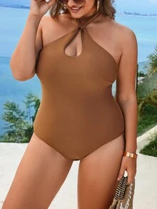 SHEIN Swim Curve Plus-Size Solid Color Cut Out Halter One-Piece Sexy Swimsuit Bathing Suit For Summer Beach - Brown - View 6