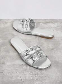 SHUZIA Women's Fashionable Solid Color Sandals With Buckle Design - Silver - View 2