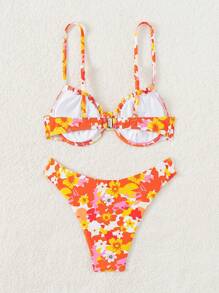 SHEIN Swim 夏季女士花卉印花前系带性感比基尼度假套装