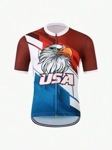 Manfinity Riding Maillot de ciclismo de manga corta con estampado de letra y animal, con cremallera