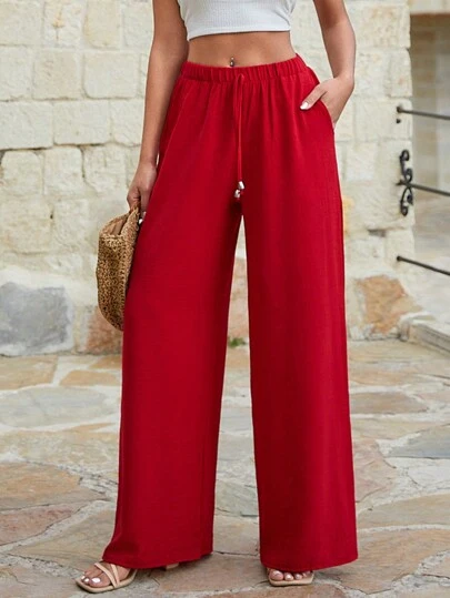 EURMUSE Women Red Palazzo Wide Leg Pants With Elastic Waist 339