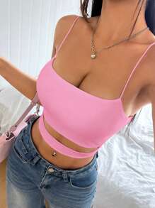 SHEIN EZwear Women's Summer Solid Color Hollow Out Slim Fit Cropped Camisole - Pink - View 3