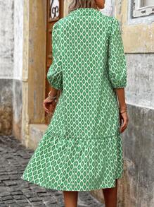 Breezaya Women Summer Floral Print Lantern Sleeve Shirt Dress With Ruffle Hem, Vacation Style
