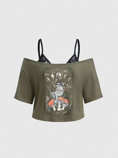 Fairycore Damen 2 in 1 Spitze Spaghetti-Träger T-Shirt mit Frosch- und Pilzdruck