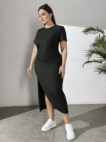 SHEIN Essnce Váy ngắn tay màu xám thoải mái cỡ lớn dành cho nữ có cổ tròn, eo thon và viền bất đối xứng - màu đen - Xem 5