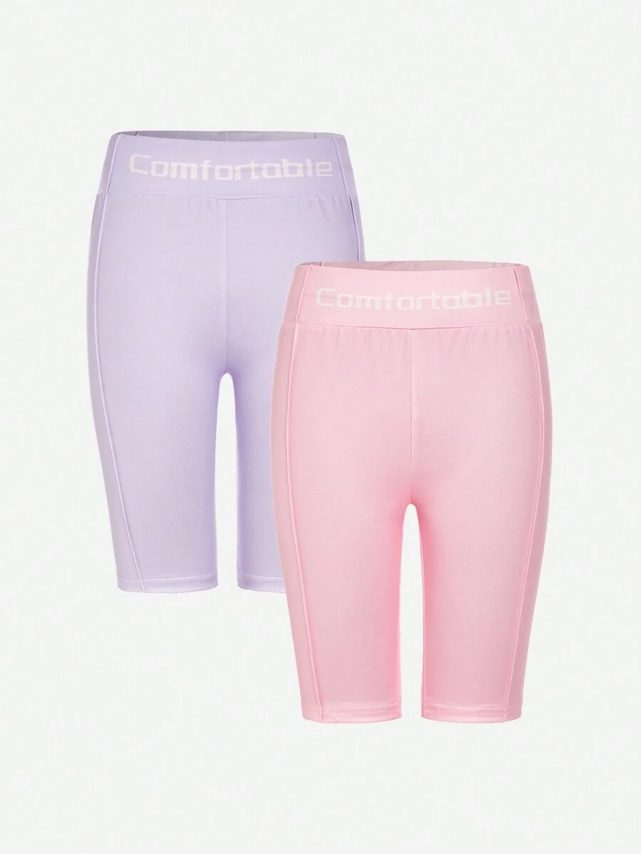 Teen Girl 2pcs Solid Color Basic Short Leggings For Daily Wear - Multicolor - View 1