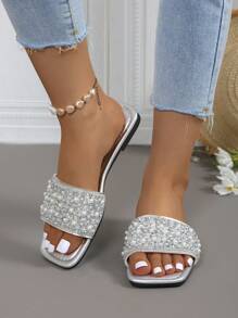 女士平底凉鞋，夏季新款，串珠珍珠装饰拖鞋，时尚优雅的棕色玛丽珍穆勒鞋，适合户外情人节、海滩装扮 - 銀色 - 查看 5