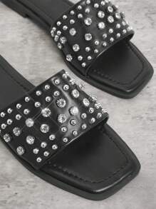 SHUZIA Women's Rhinestone Decorated Fashionable Flat Sandals, Versatile - Black - View 4