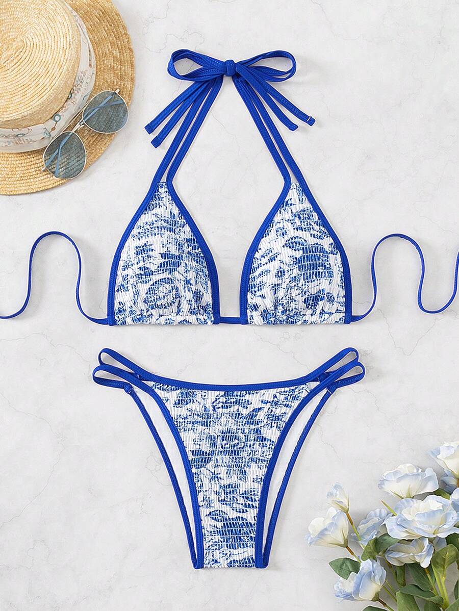 SHEIN Swim 女士度假植物印花露背系带性感比基尼套装夏季 - 藍白色 - 查看 1