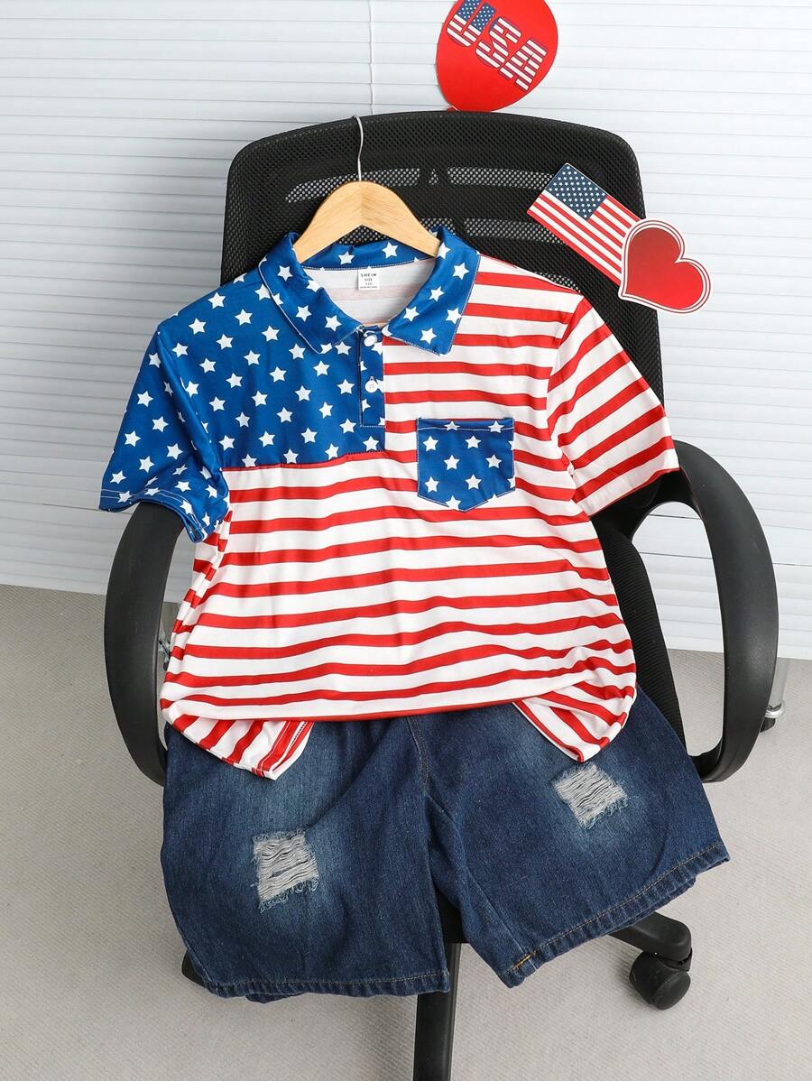 Teen Boy American Flag Polo Shirt And Denim Shorts Casual 2-Piece Set 4th Of July Outfits - Multicolor - View 1