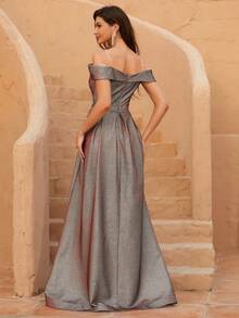 yanchunxier 開肩褶裥女士晚禮服派對禮服 - 灰色 - 查看 2
