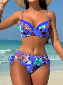 SHEIN Swim Bộ Bikini Đi Biển Kỳ Nghỉ Nữ Nhiệt Đới In Hình Cây Nhiệt Đới Gợi Cảm, Underwire Cup (Họa Tiết Hoa Ngẫu Nhiên) - Màu xanh lam - Xem 1