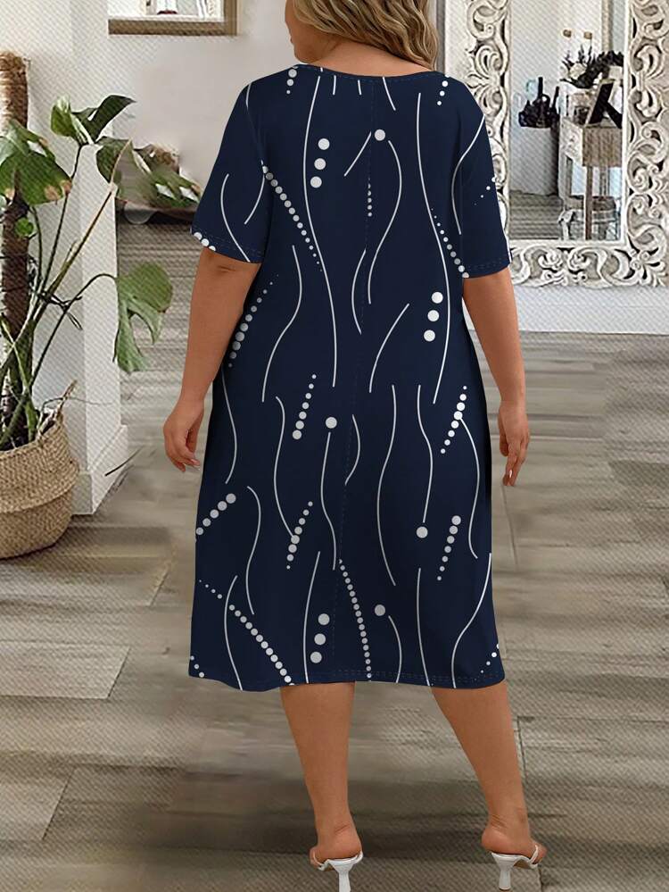 Casual Simple Plus Size Printed Round Neck Dress, Suitable For Summer Chic Dress,Vacation/Spring