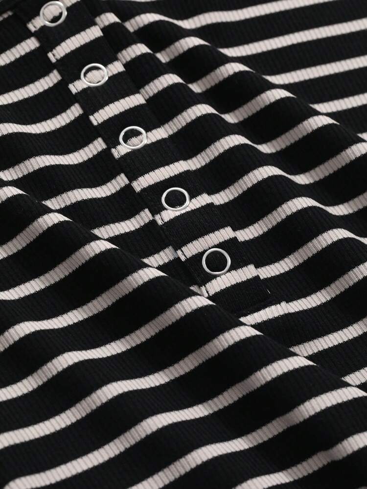 Women's Striped Button Half-Placket Casual Short Sleeve T-Shirt For Summer