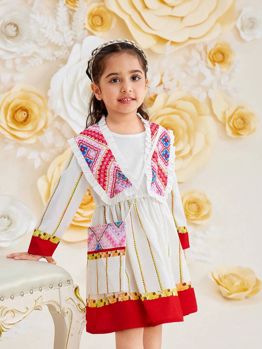 Váy dài tay in họa tiết giản dị cho cô gái trẻ kèm khăn choàng 2 cái/bộ, Xuân/Hè - Nhiều màu - Xem 1