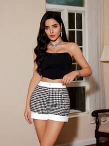 Aveloria Pantalones cortos de verano para mujer con contraste de colores, botones de perla y parches de tweed