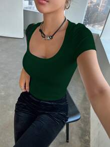 DAZY 女款夏季純色修身挖領短袖T恤 - 墨綠色 - 查看 3